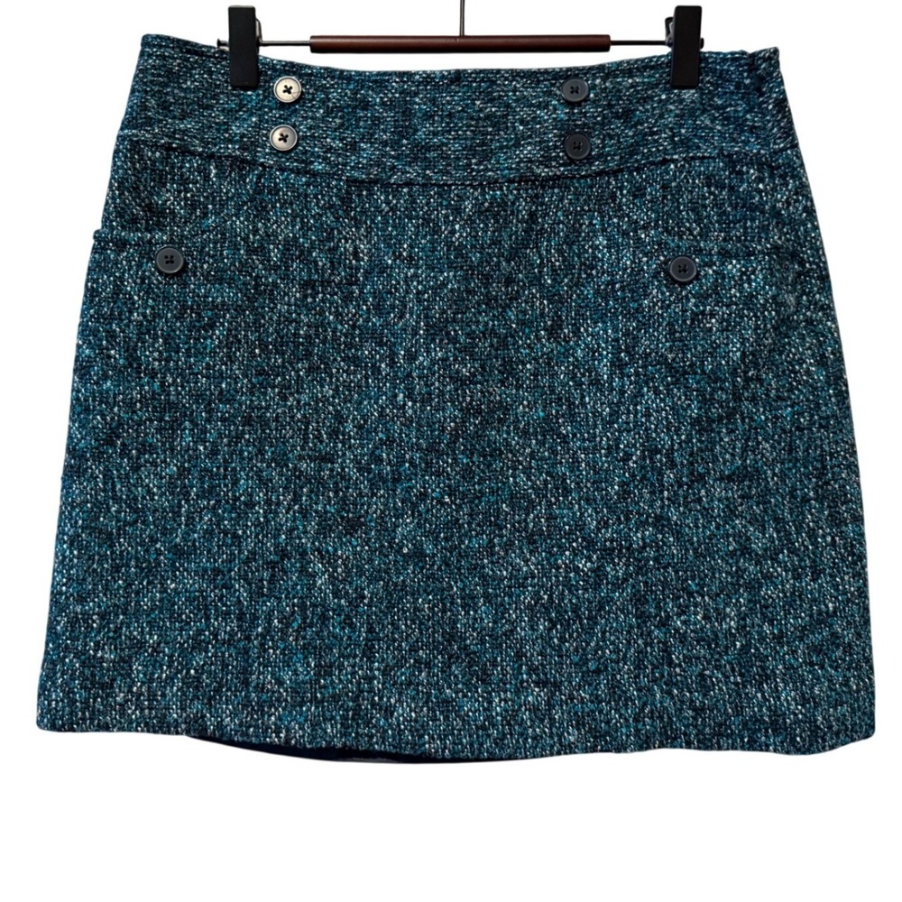 Ann Taylor Loft Teal Blue Tweed Button Accent Mini Skirt Size 6